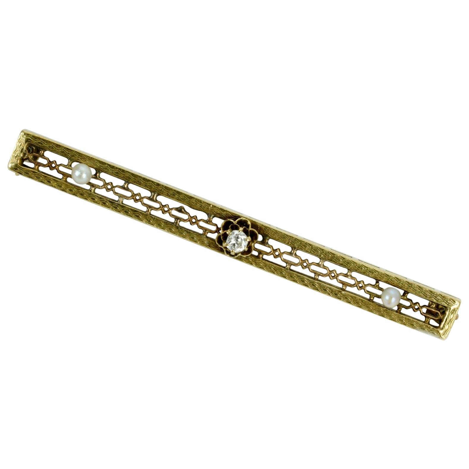 Vintage 10 Karat Yellow Gold, Diamond and Seed Pearl Bar Pin or Brooch For Sale