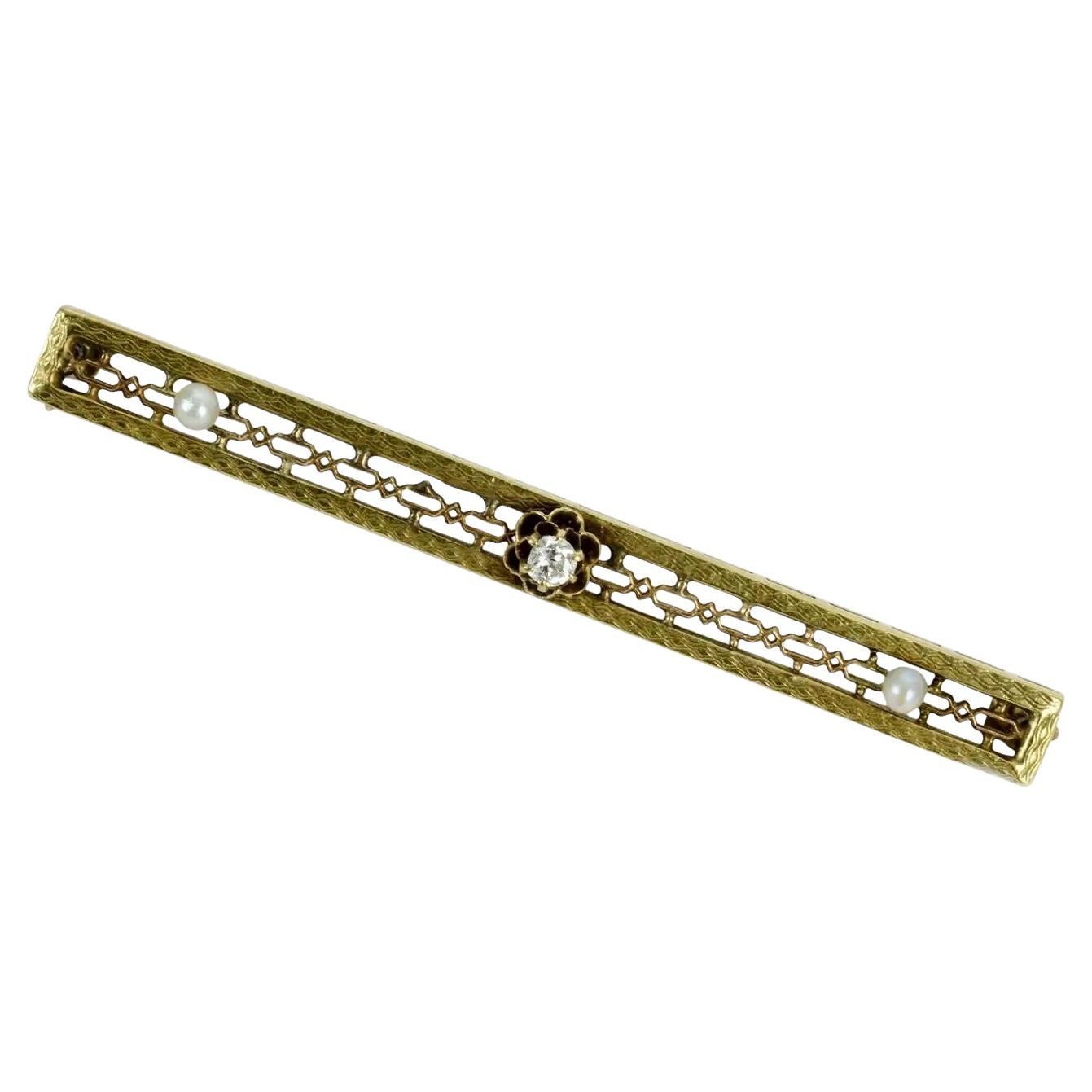 Vintage 10 Karat Yellow Gold, Diamond and Seed Pearl Bar Pin or Brooch For Sale