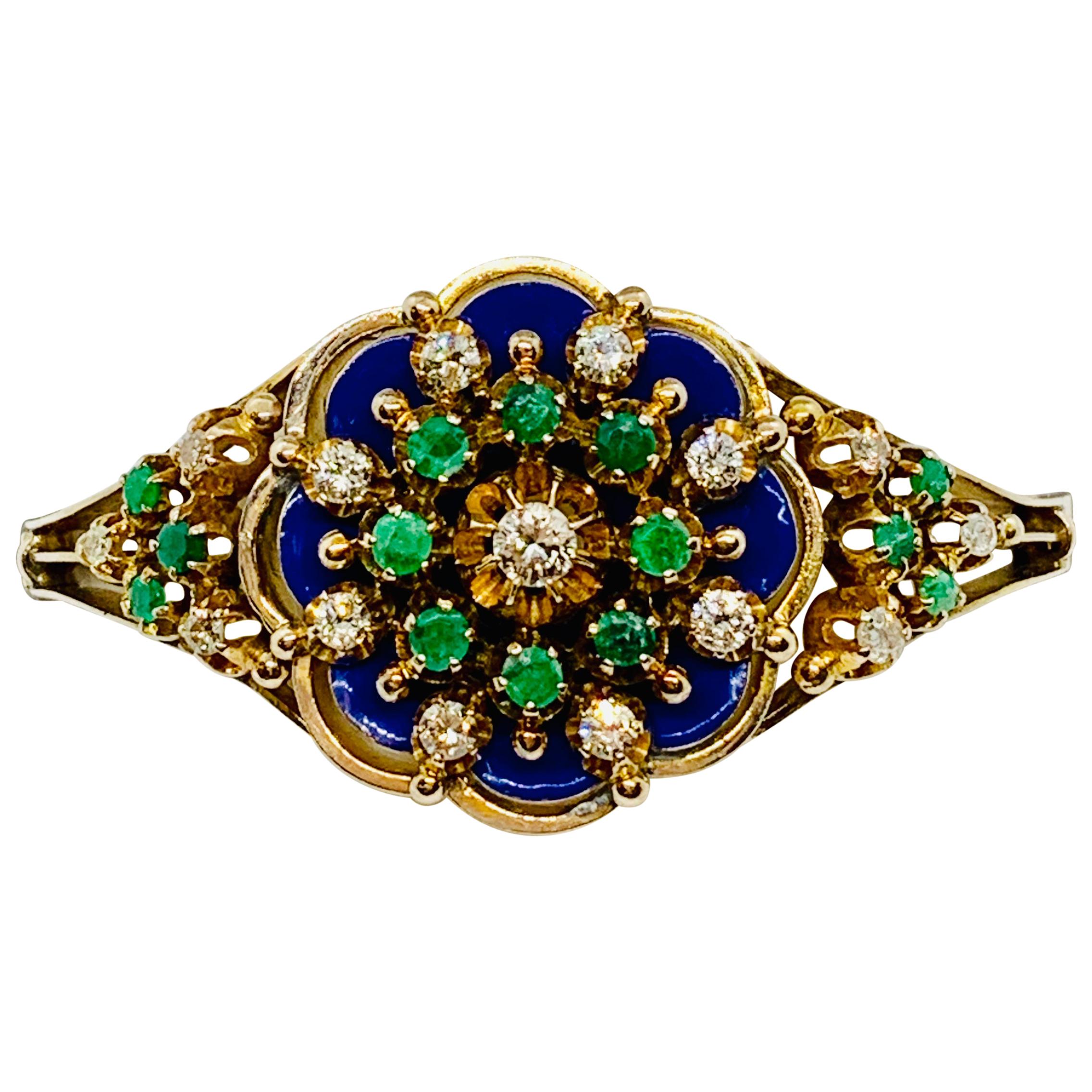 Vintage 10 Karat Yellow Gold, Enamel, Diamond and Emerald Bangle Bracelet