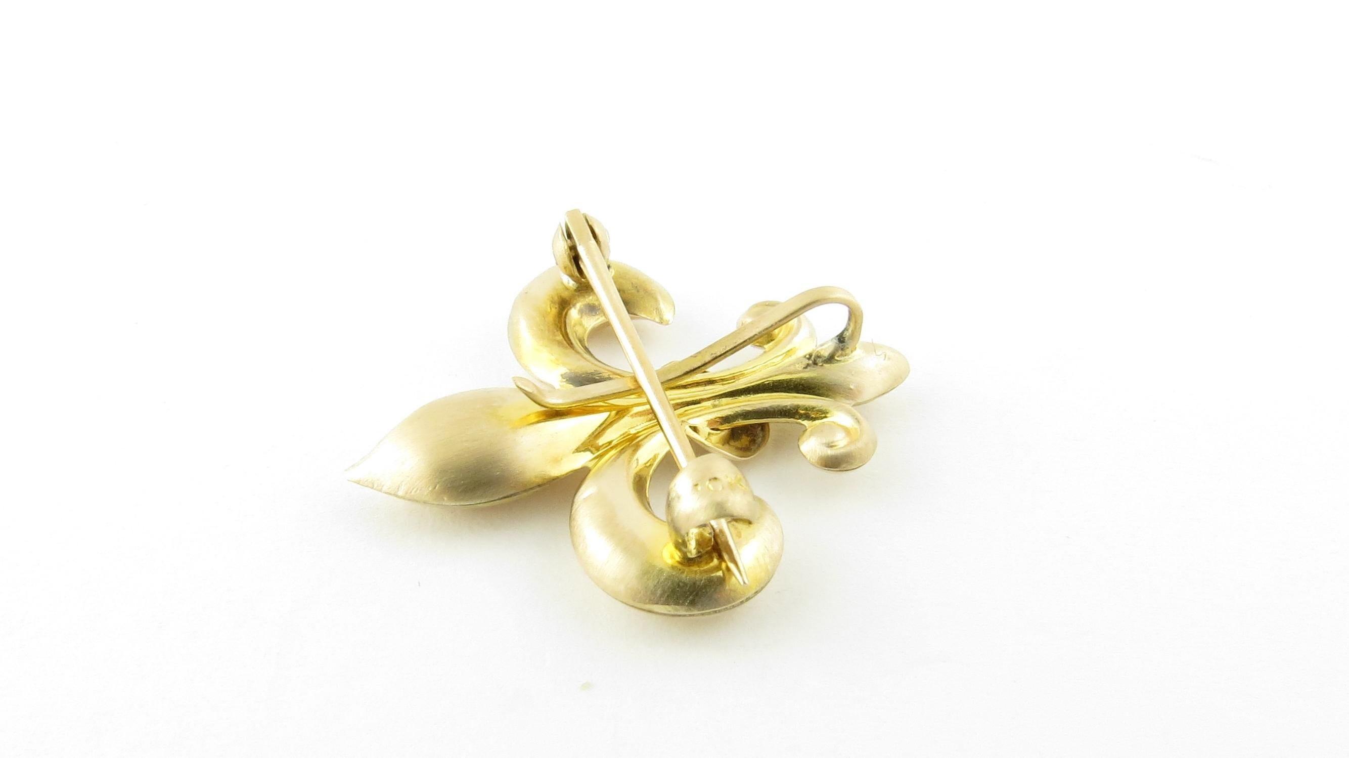 Vintage 10 Karat Yellow Gold Fleur De Lis Brooch/Pendant.

This lovely brooch features a beautifully detailed fleur de lis crafted in polished 10K yellow gold.

Size: 25 mm x 22 mm

Weight: 0.9 dwt. / 1.5gr.

Stamped: 10K

Very good condition,