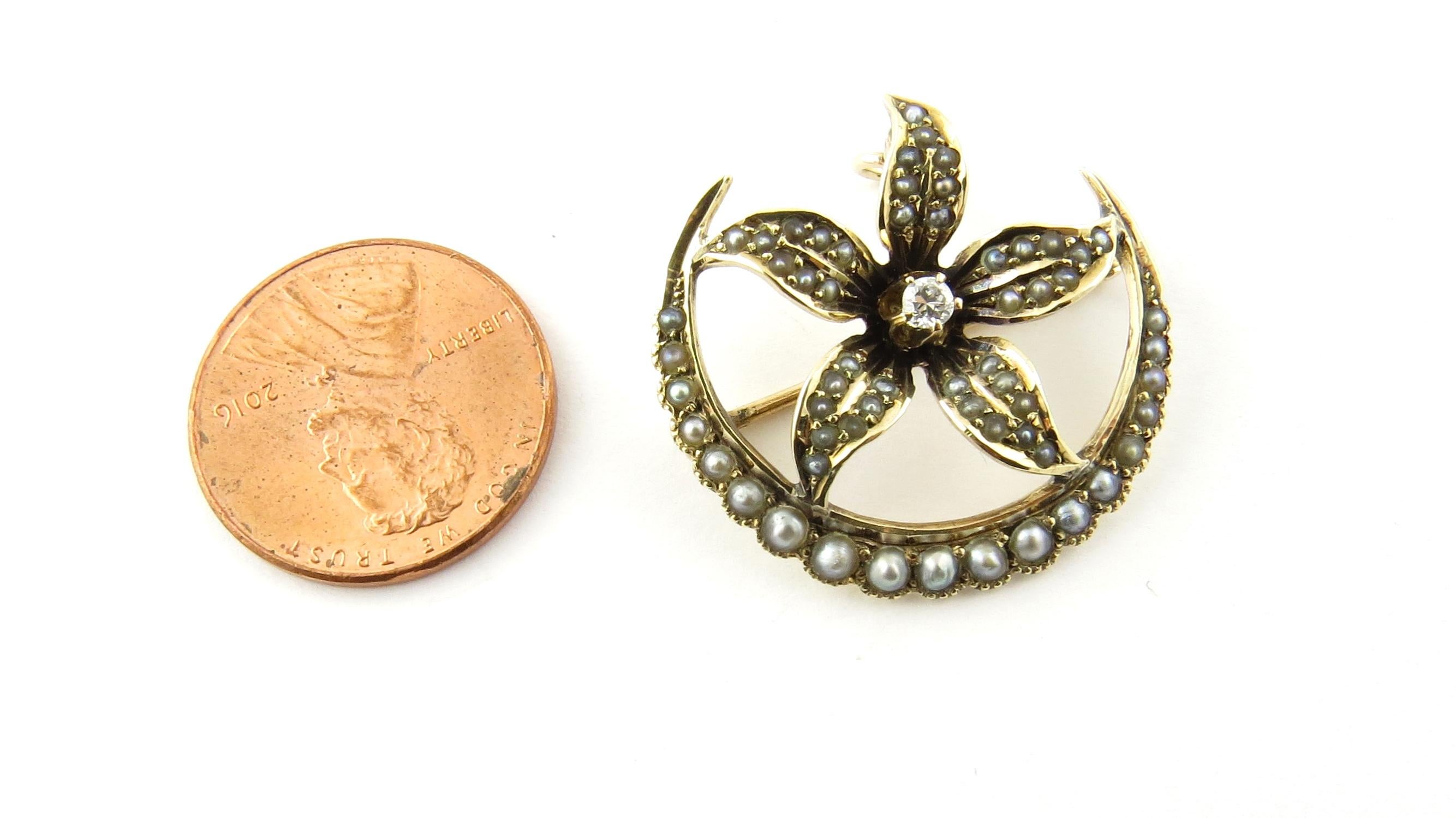 Broche/épingle vintage en or jaune 10 carats avec perles naturelles et diamants n° 4367 Pour femmes en vente