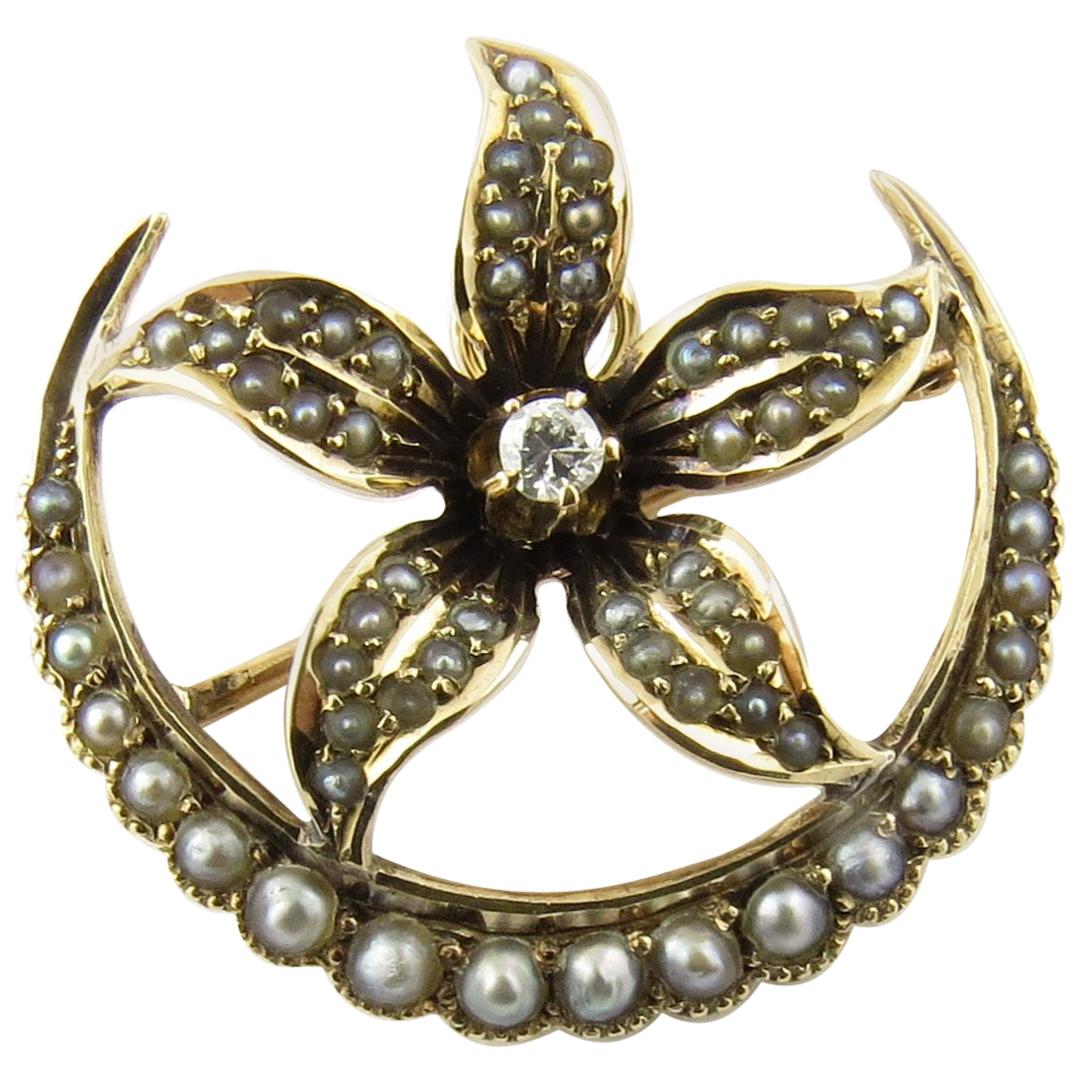 Vintage 10 Karat Yellow Gold Seed Pearl and Diamond Brooch / Pin #4367 For Sale