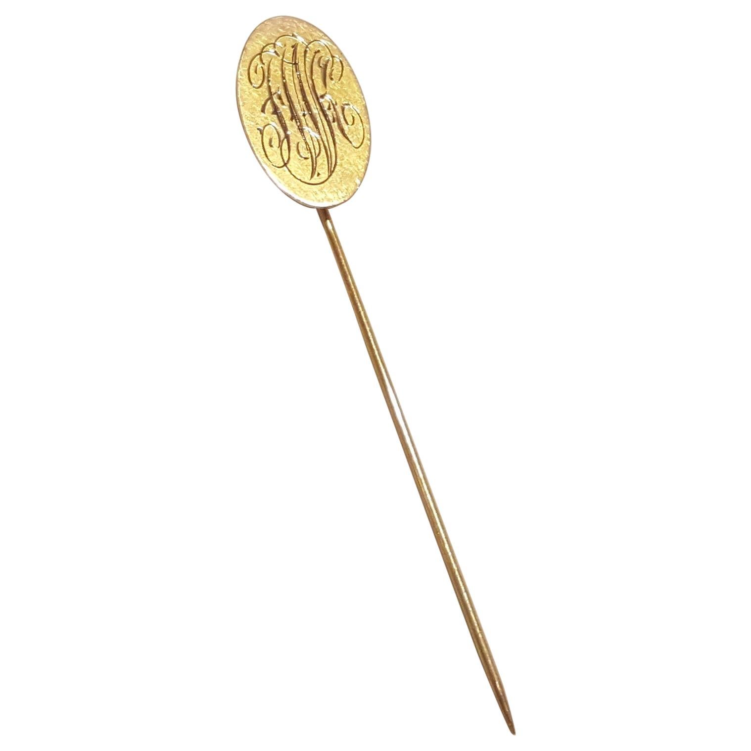 Vintage 10 Karat Yellow Harry S Bick Stickpin, Oval Monogram, 1950s