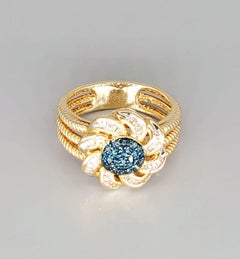 Anello vintage da 1,00 carati con fiori di diamanti bianchi e blu a grappolo 14 carati