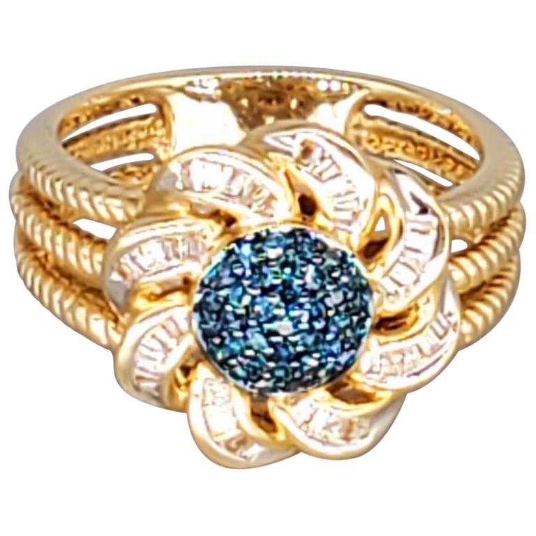 Vintage 1,00 Karat Blaue und weiße Diamanten Blume Cocktail Cluster Ring 14 Karat