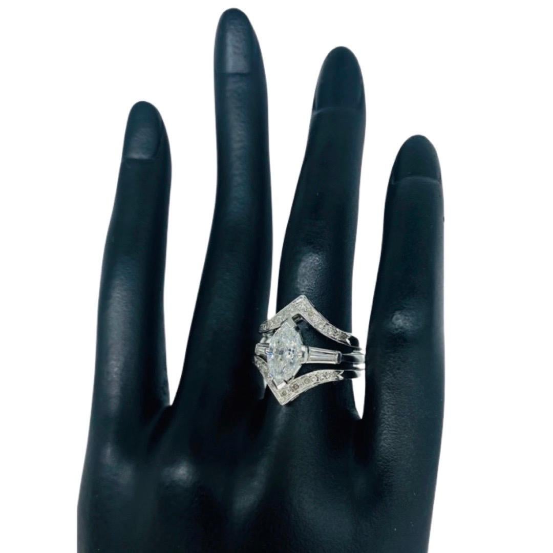 Vintage 1.00 Carat Center Marquise Diamond Ring W/Guard Platinum 14k White Gold For Sale 3