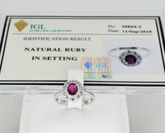 Vintage 1.00 Carat Certified Natural Red Ruby and Diamonds Halo Cluster Ring 14k