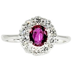 Vintage 1.00 Carat Certified Natural Red Ruby and Diamonds Halo Cluster Ring 14k