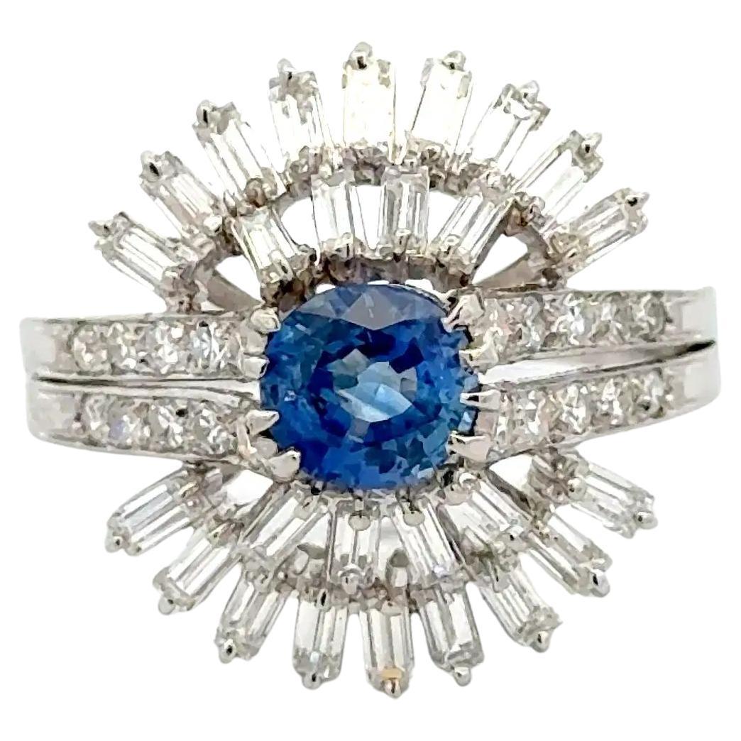 Vintage 1.00 Carat Cushion Sapphire and Baguette & RBC Diamond Platinum Ring For Sale