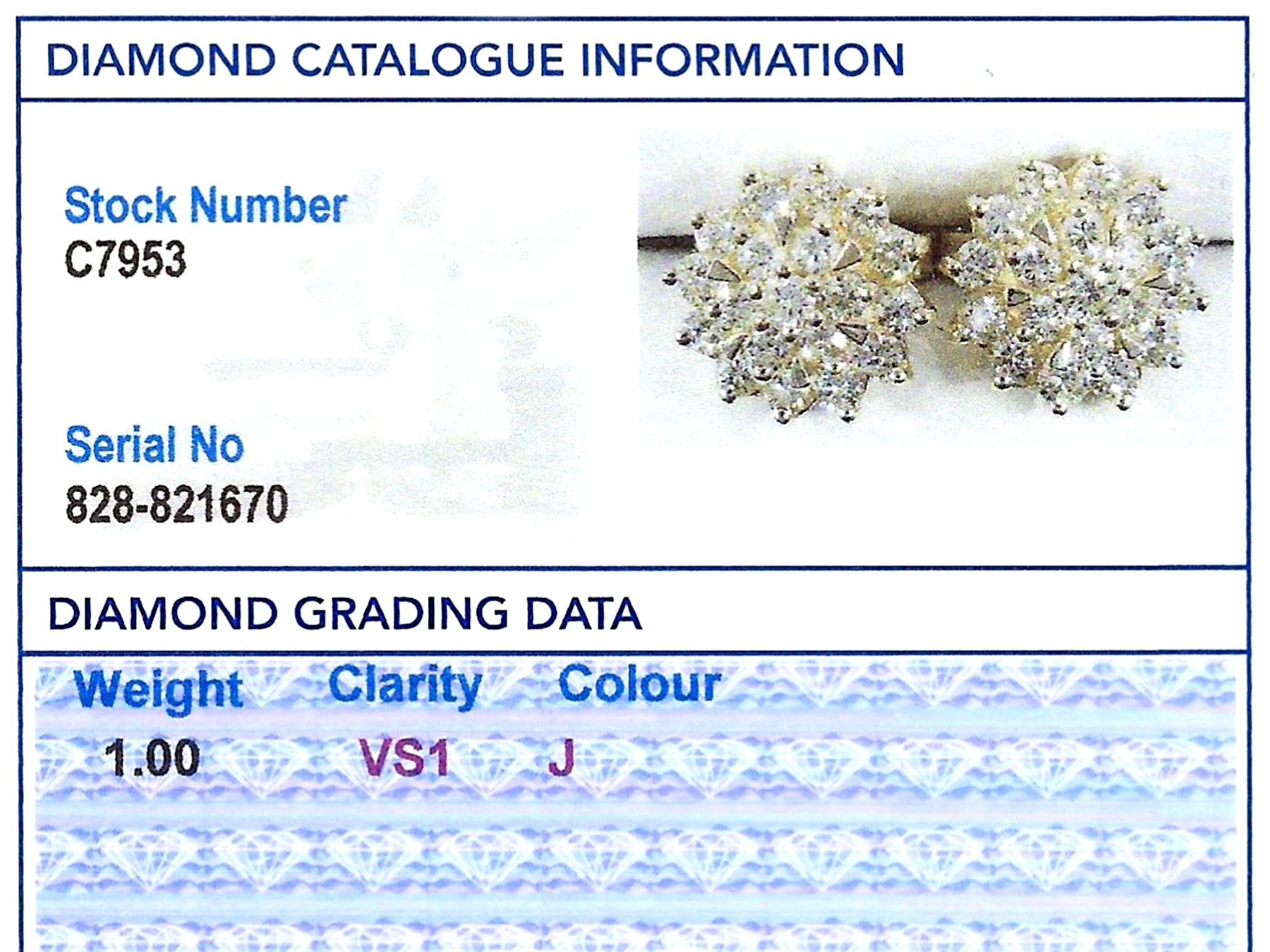 Vintage 1.00 Carat Diamond and 14k Yellow Gold Cluster Stud Earrings For Sale 1