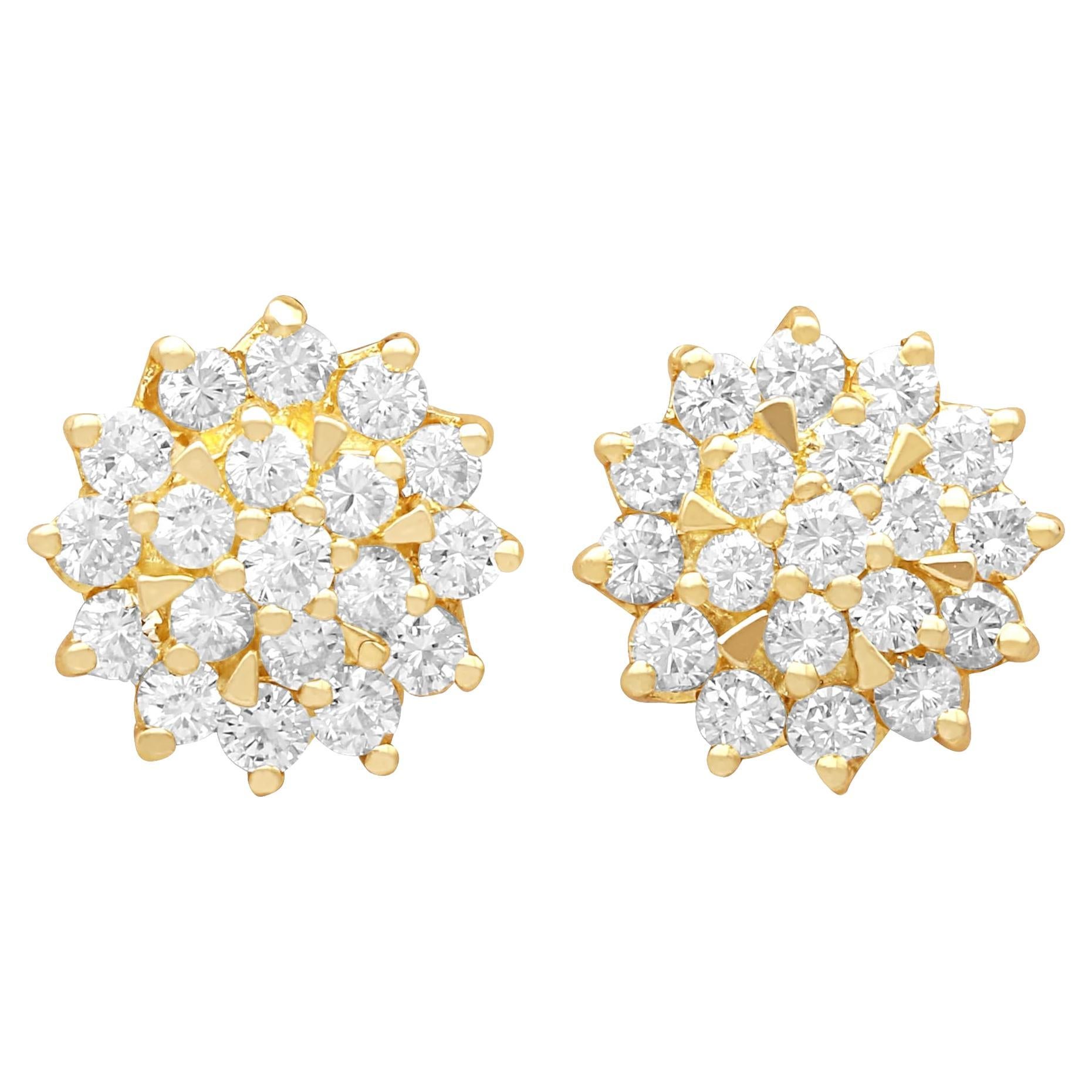 Vintage 1.00 Carat Diamond and 14k Yellow Gold Cluster Stud Earrings