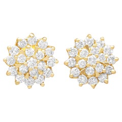 Retro 1.00 Carat Diamond and 14k Yellow Gold Cluster Stud Earrings