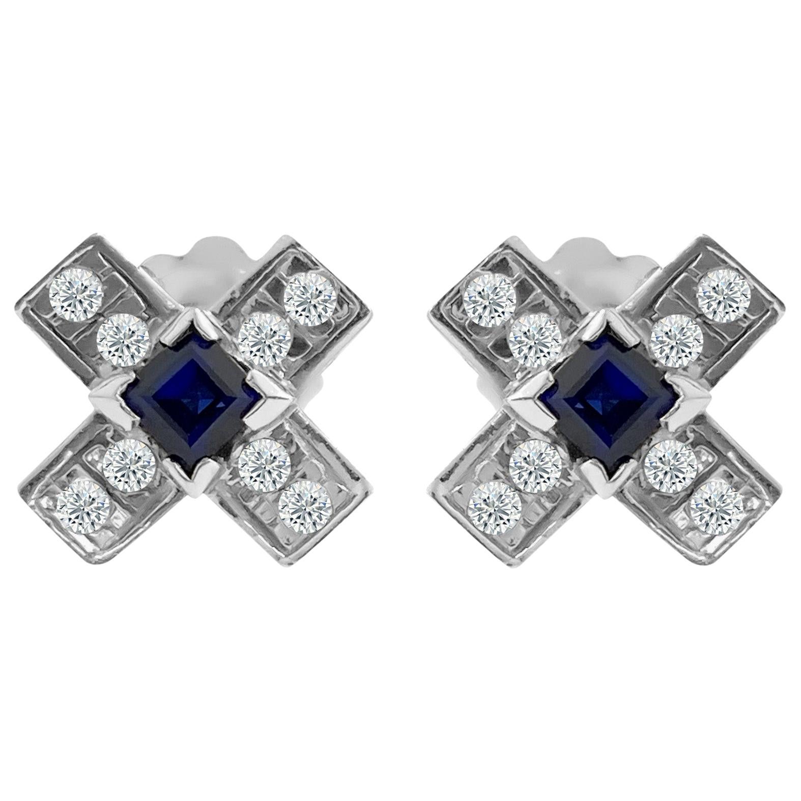 Vintage 1.00 Carat Diamond and Blue Sapphire Stud Earrings For Sale