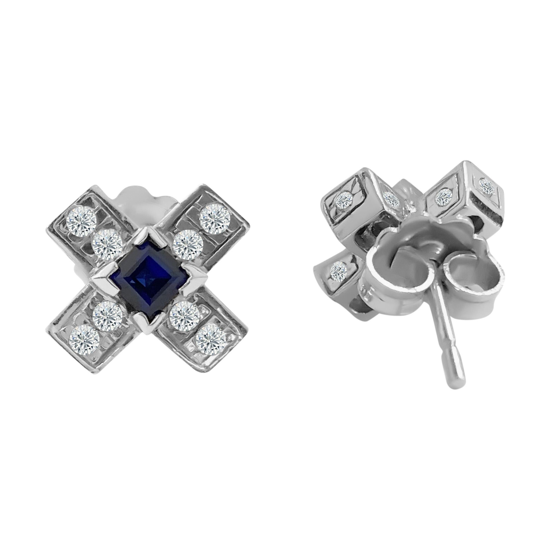 Round Cut Vintage 1.00 Carat Diamond and Blue Sapphire Stud Earrings For Sale