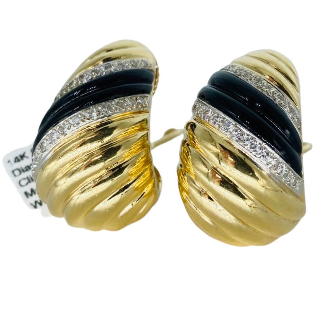 Round Cut Vintage 1.00 Carat Diamonds and Onyx Swirl Omega Back X-Large Earrings 14k Gold For Sale