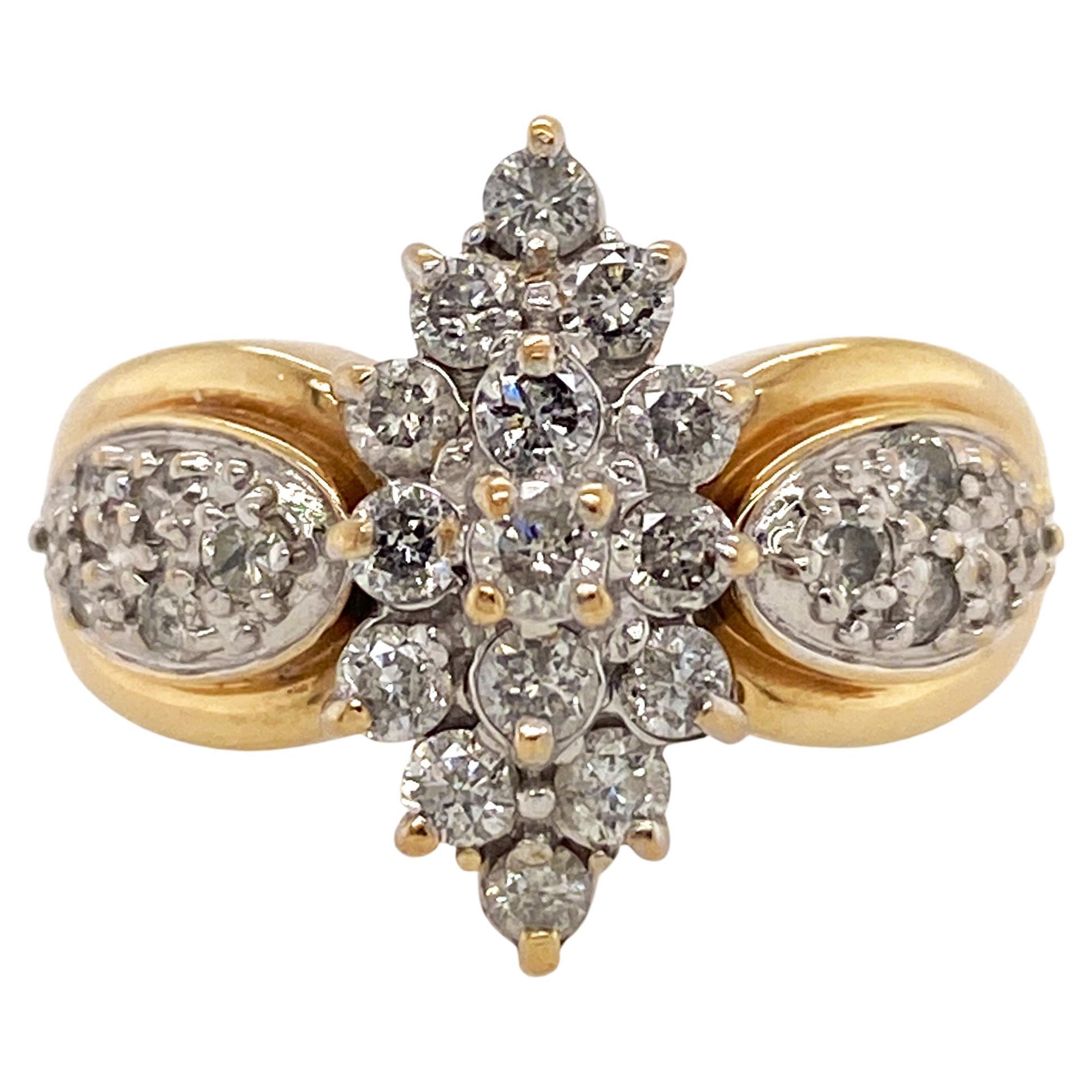 Vintage 1.00 Carat Diamonds Cluster Navette Ring in 14 Karat Gold For Sale