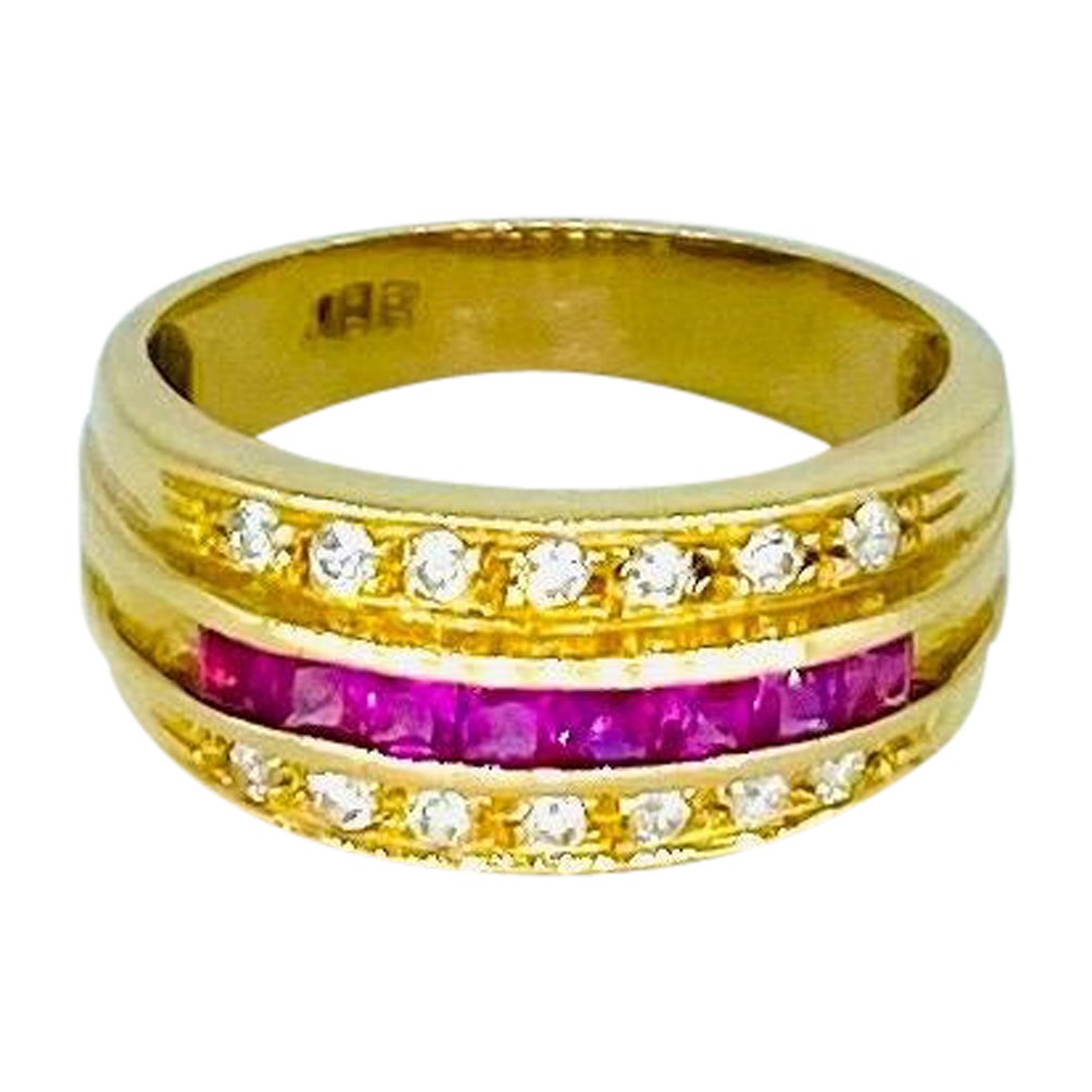Bague jonc vintage en or 18 carats avec diamants de 1,00 carat et rubis