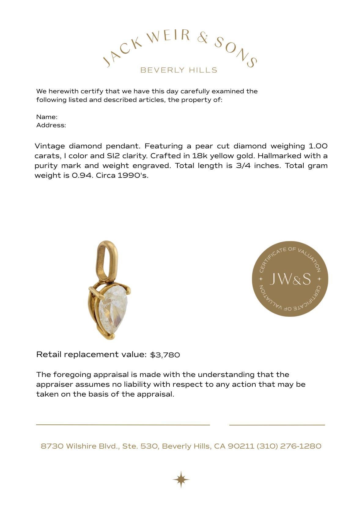 Pear Cut Vintage 1.00 carat pear cut diamond 18k yellow gold pendant For Sale