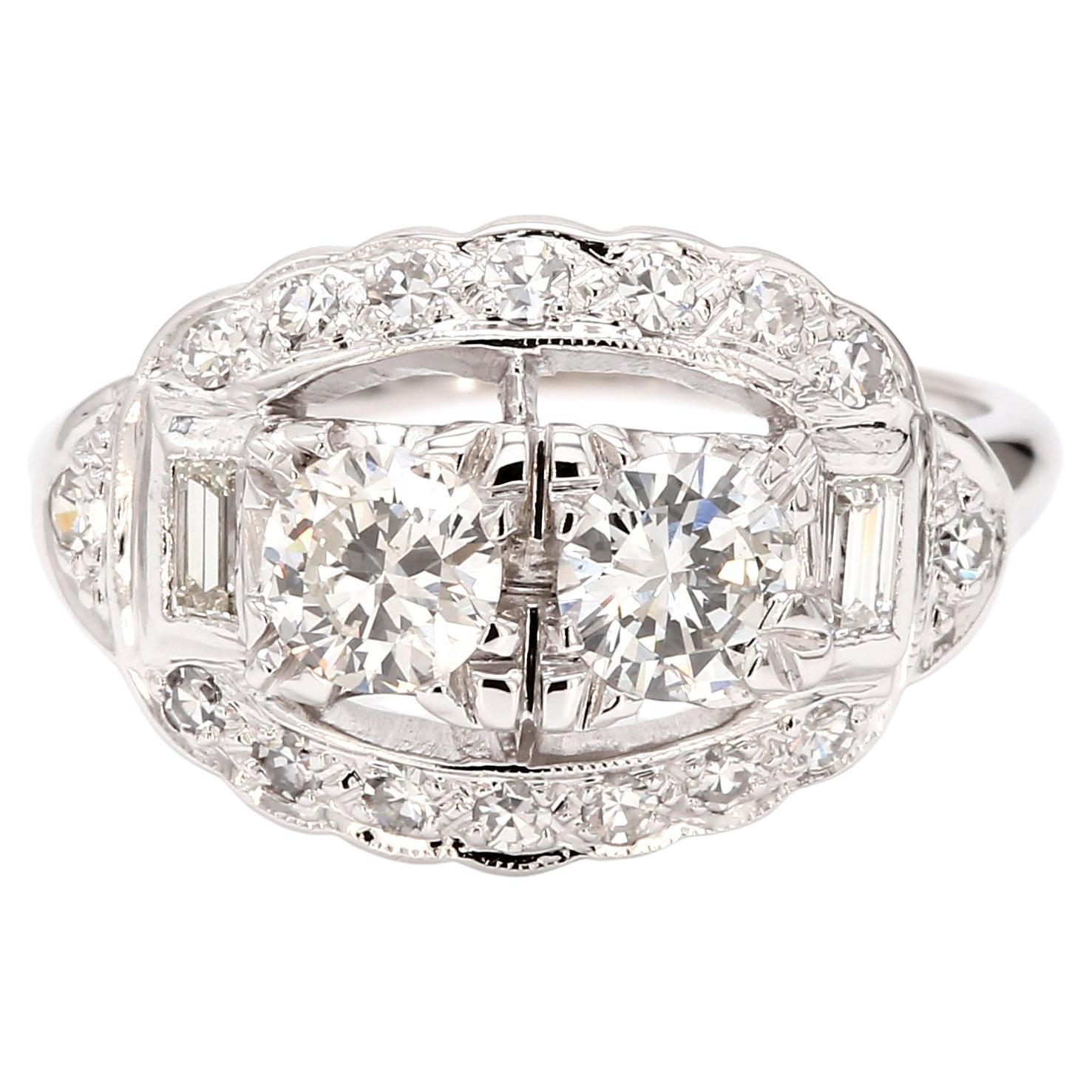 Vintage 1.00 Carat Round Cut Two-Stone Engagement Ring, 14K White Gold