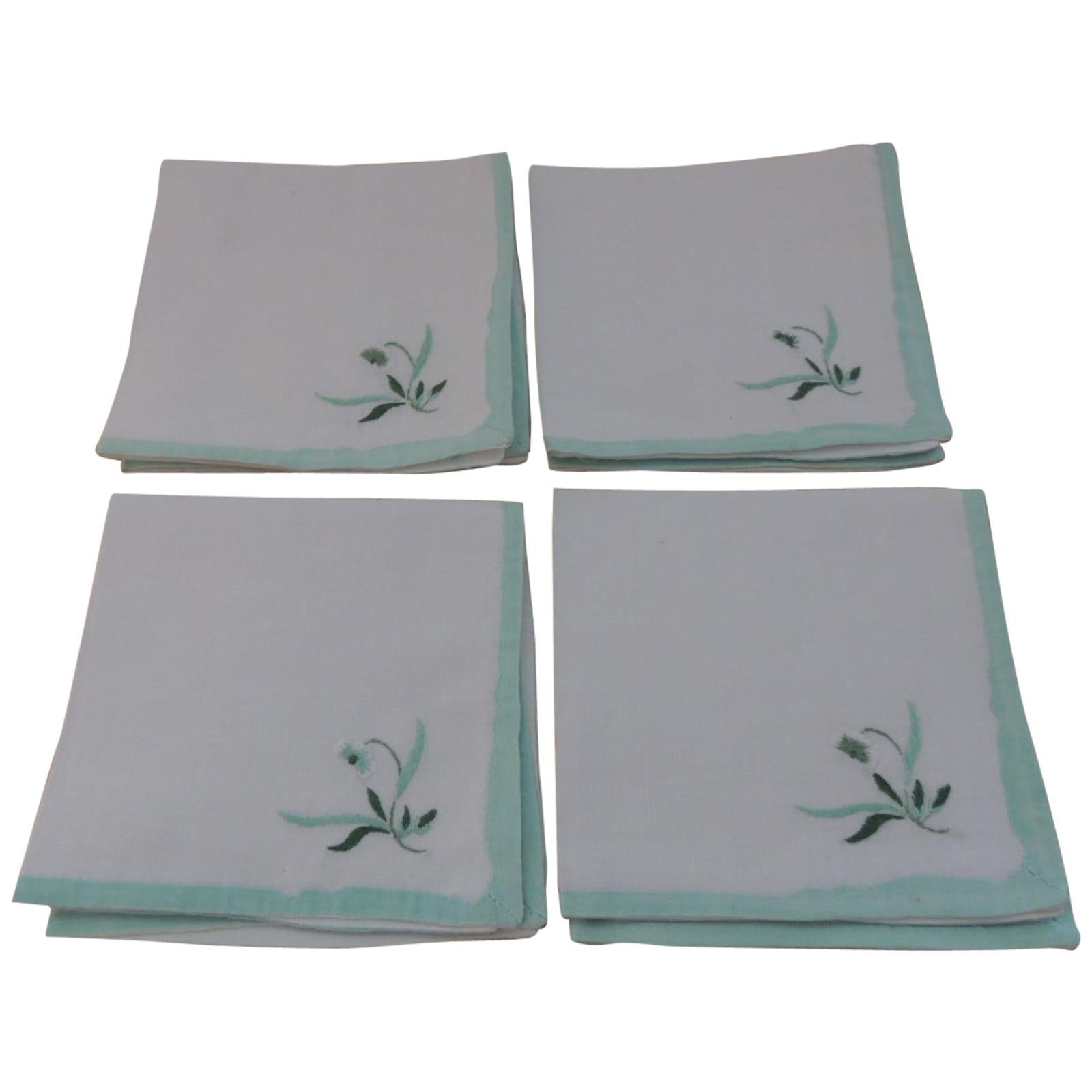 Vintage 100% Linen Embroidered Set of 4 Hand Towels in White and Green Napkins