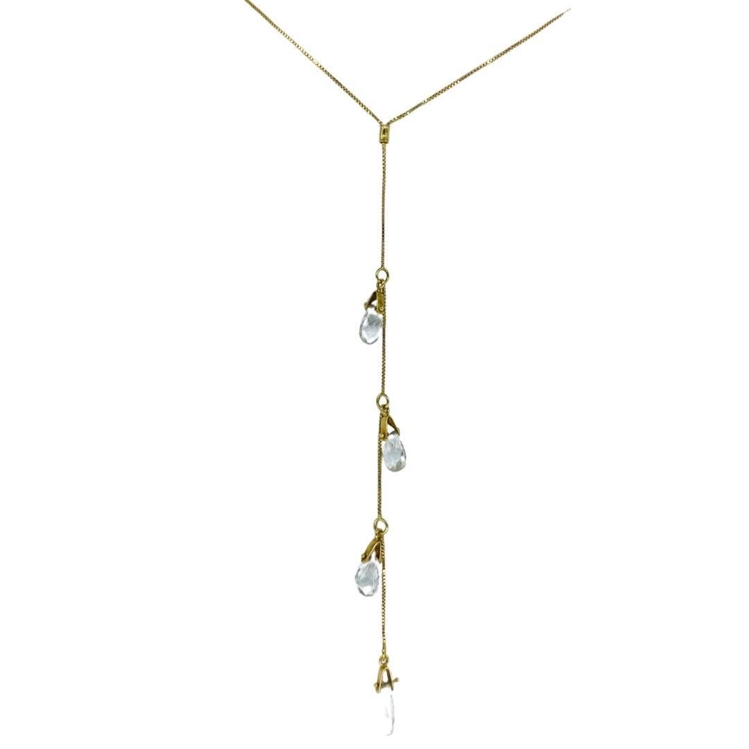 Vintage 10.00 Carat Briolette Cut Graduating Quartz Drop Necklace 18k Gold. The necklace is 16 inches in length and the drop is another 4 inches. The necklace weights 3.2g