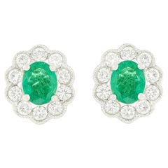 Vintage 1.00ct Emerald and Diamond Cluster Earrings, c.1970s
