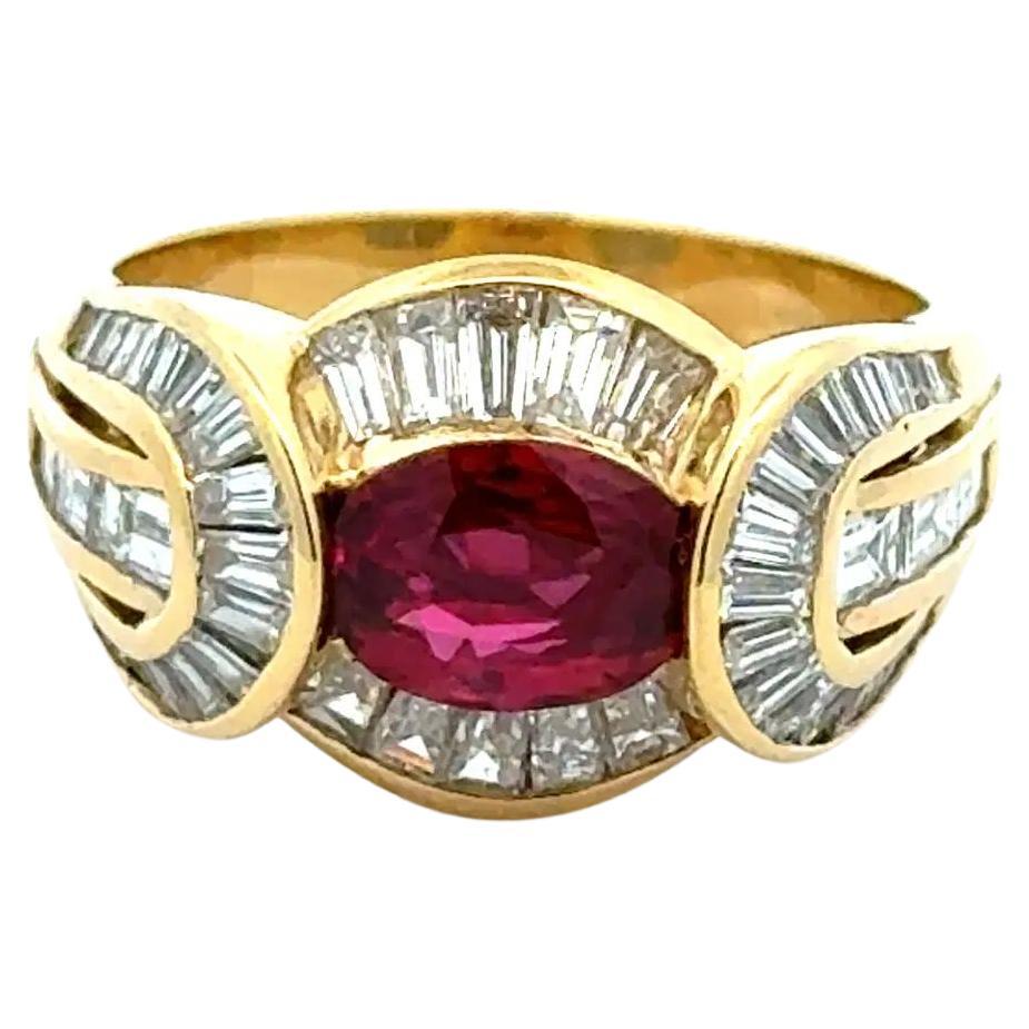 Vintage 1.00ct Rubis ovale et diamant baguette Bague de cocktail en or