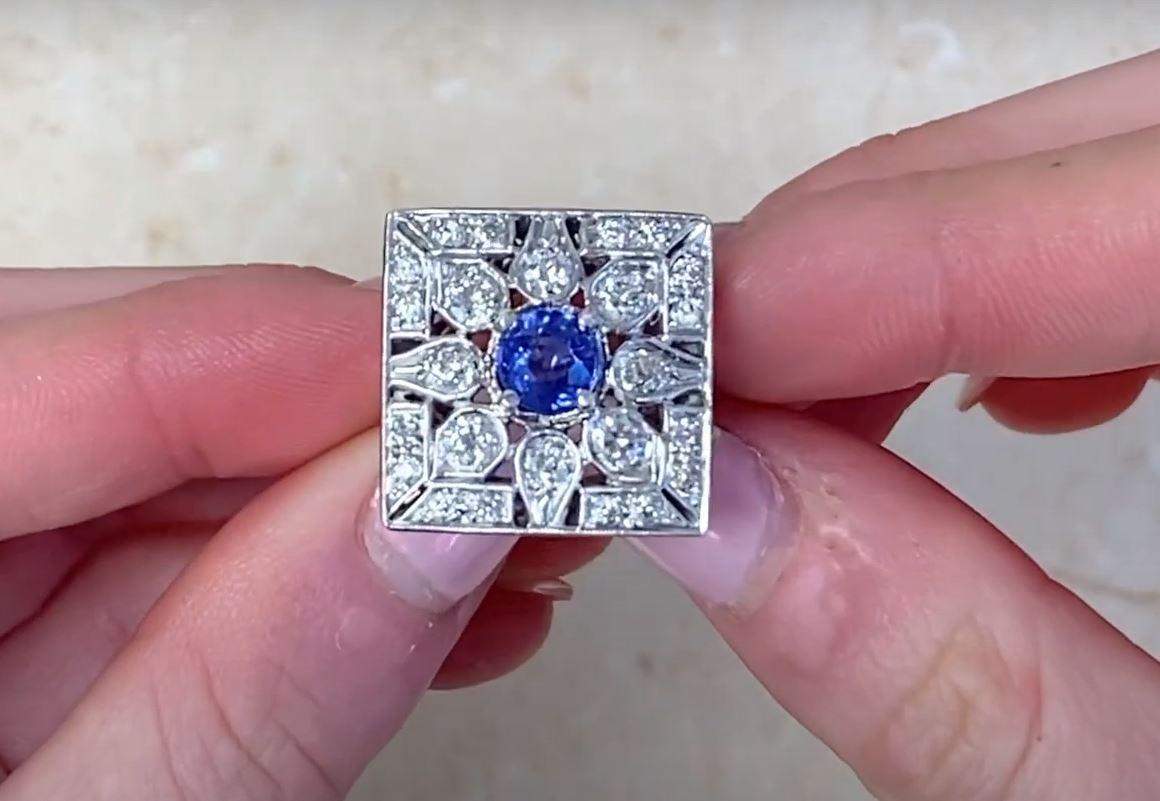 Vintage 1.00ct Round Cut Natural Sapphire Cocktail Ring, Diamond Halo, Platinum In Excellent Condition In New York, NY