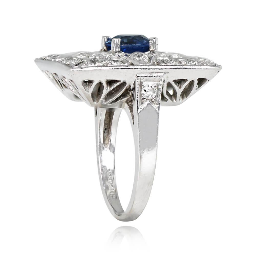 Art Deco Vintage 1.00ct Round Cut Natural Sapphire Cocktail Ring, Diamond Halo, Platinum