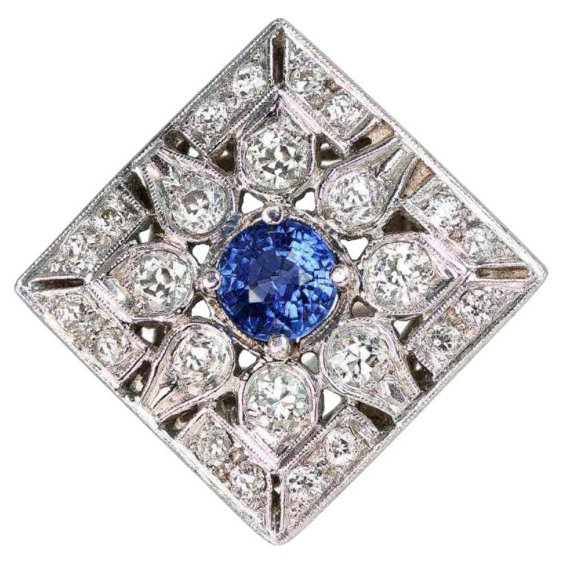Vintage 1.00ct Round Cut Natural Sapphire Cocktail Ring, Diamond Halo, Platinum