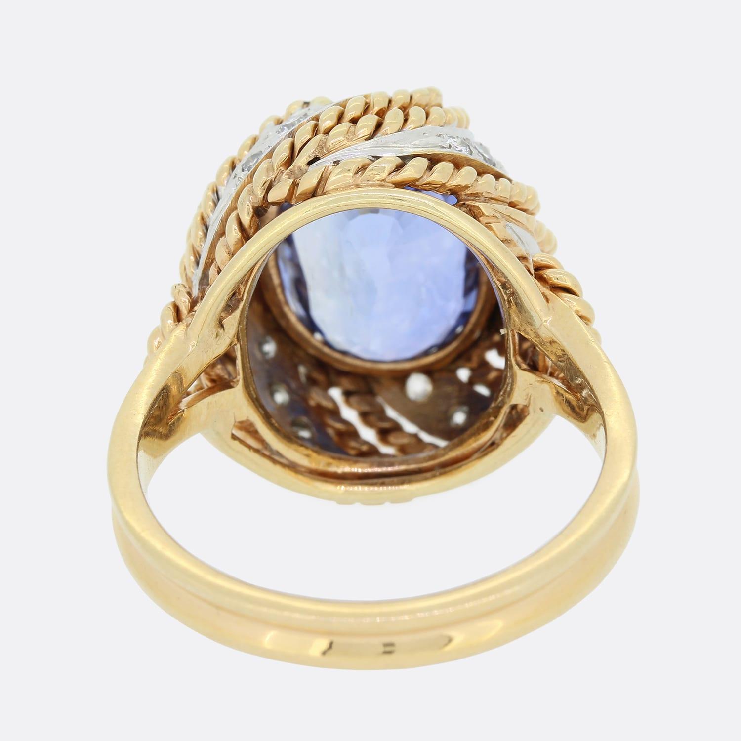 Vintage 10.19 Carat Sri Lankan Sapphire and Diamond Cluster Ring In Good Condition For Sale In London, GB