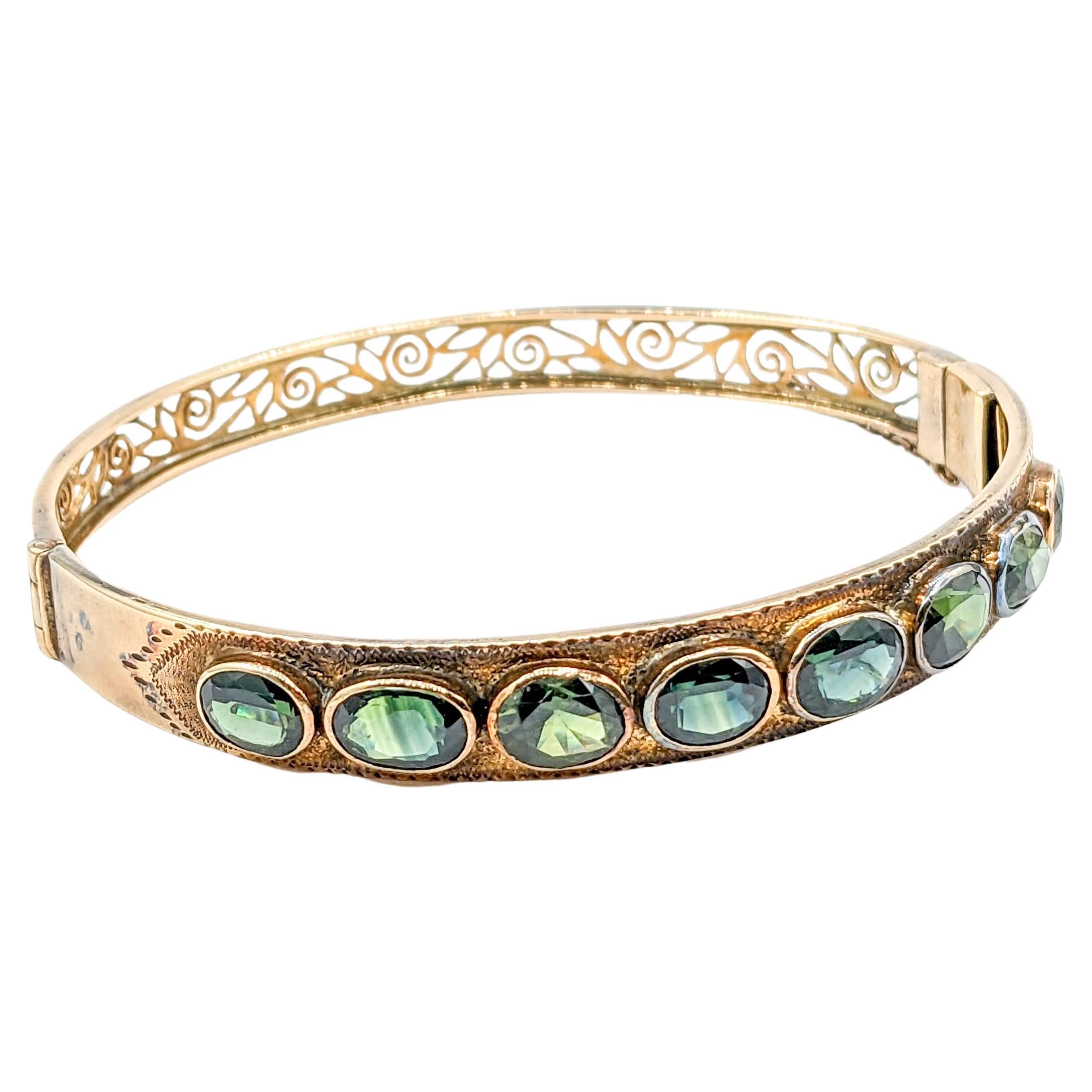 Vintage 10.1ctw Oval Teal Sapphire Bangle Bracelet in 18k gold