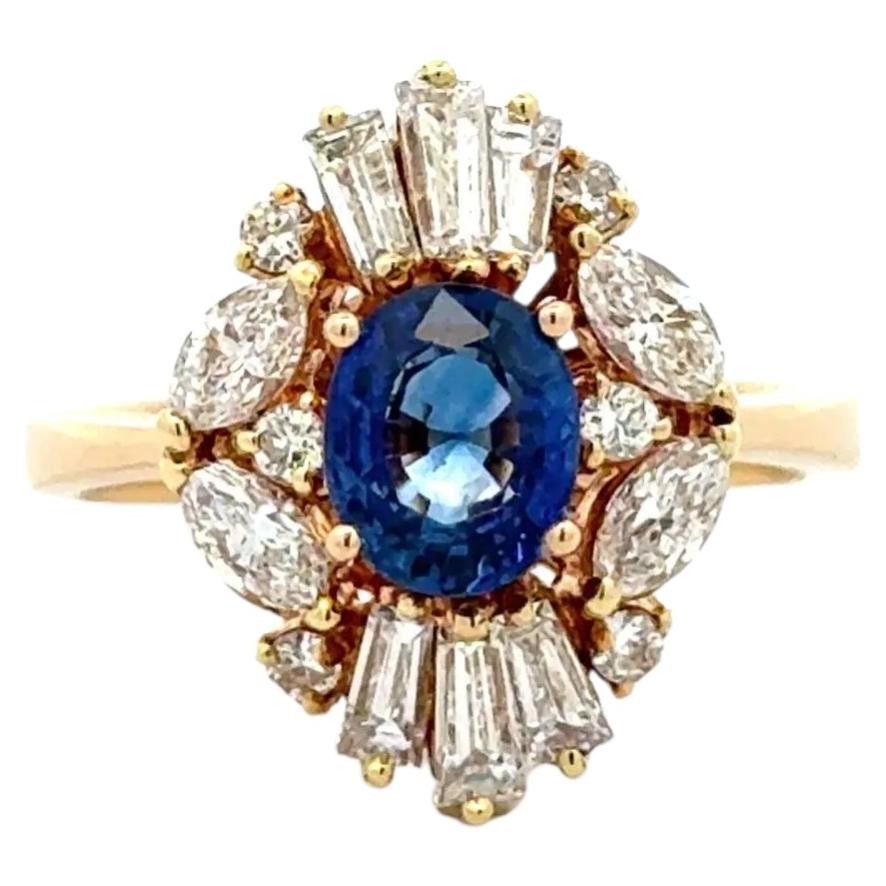 Vintage 1.02 Carat Oval Sapphire and Diamond Gold Solitaire Cocktail Ring