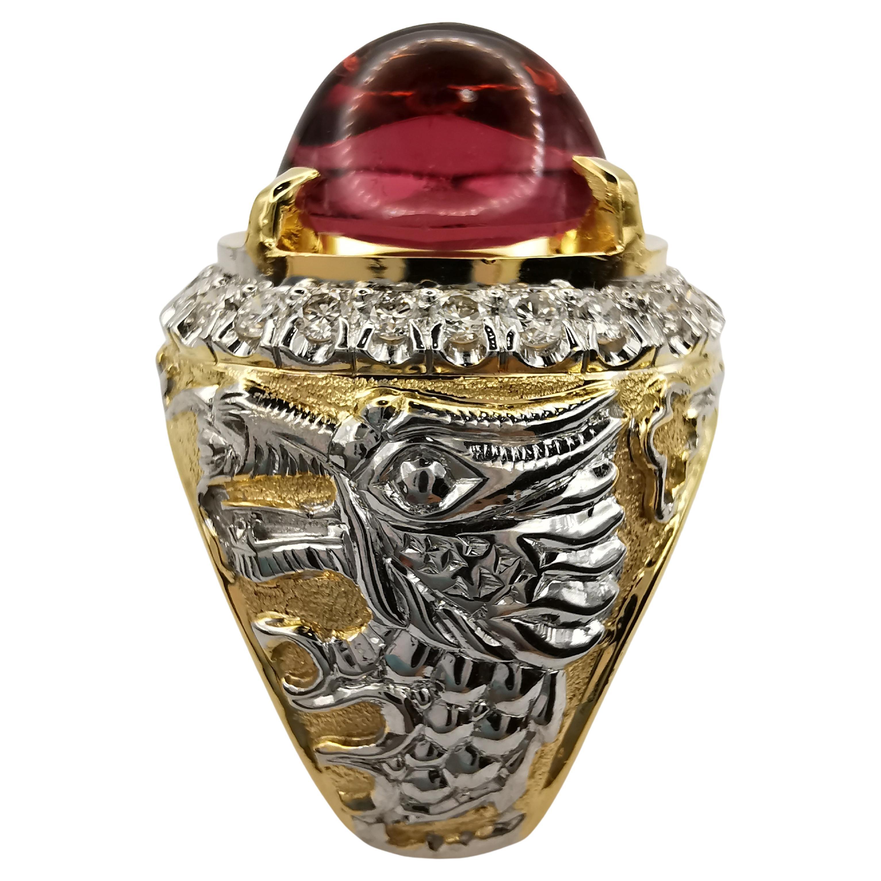 Vintage 10.2ct Pink Cabochon Tourmaline Men's Diamond Dragon Ring in 18K Gold