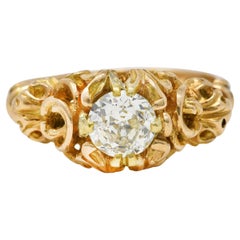 Anello di fidanzamento vintage con diamante da 1,02 carati in oro giallo 14 carati con foglie