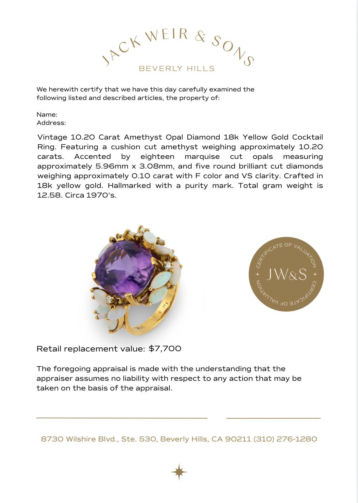 Anello cocktail d'epoca con ametista opale e diamante in oro giallo 18k da 10,20 carati in vendita 1