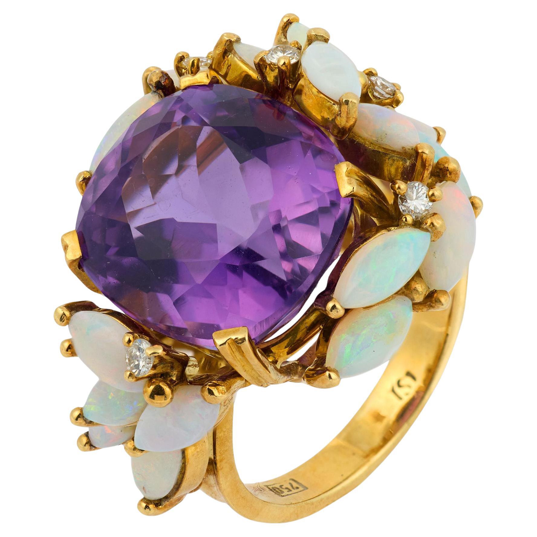 Vintage 10,20 Karat Amethyst Opal Diamant 18k Gelbgold Cocktail Ring