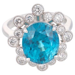 Vintage 10.28 carat blue zircon diamond platinum ring