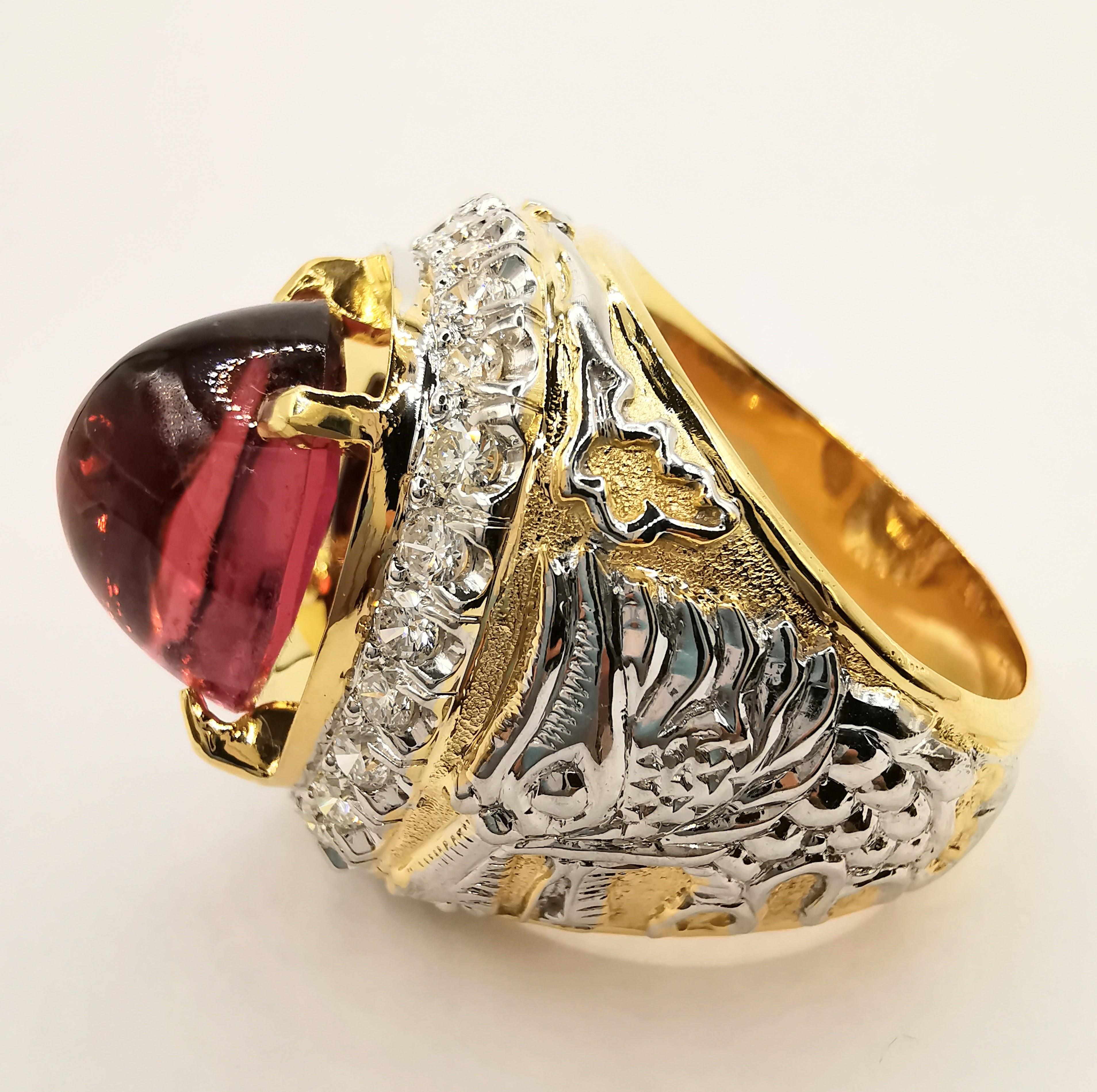 Medieval Vintage Dragon 10.2ct Cabochon Pink Tourmaline Diamond Men's Ring in 18K Gold For Sale