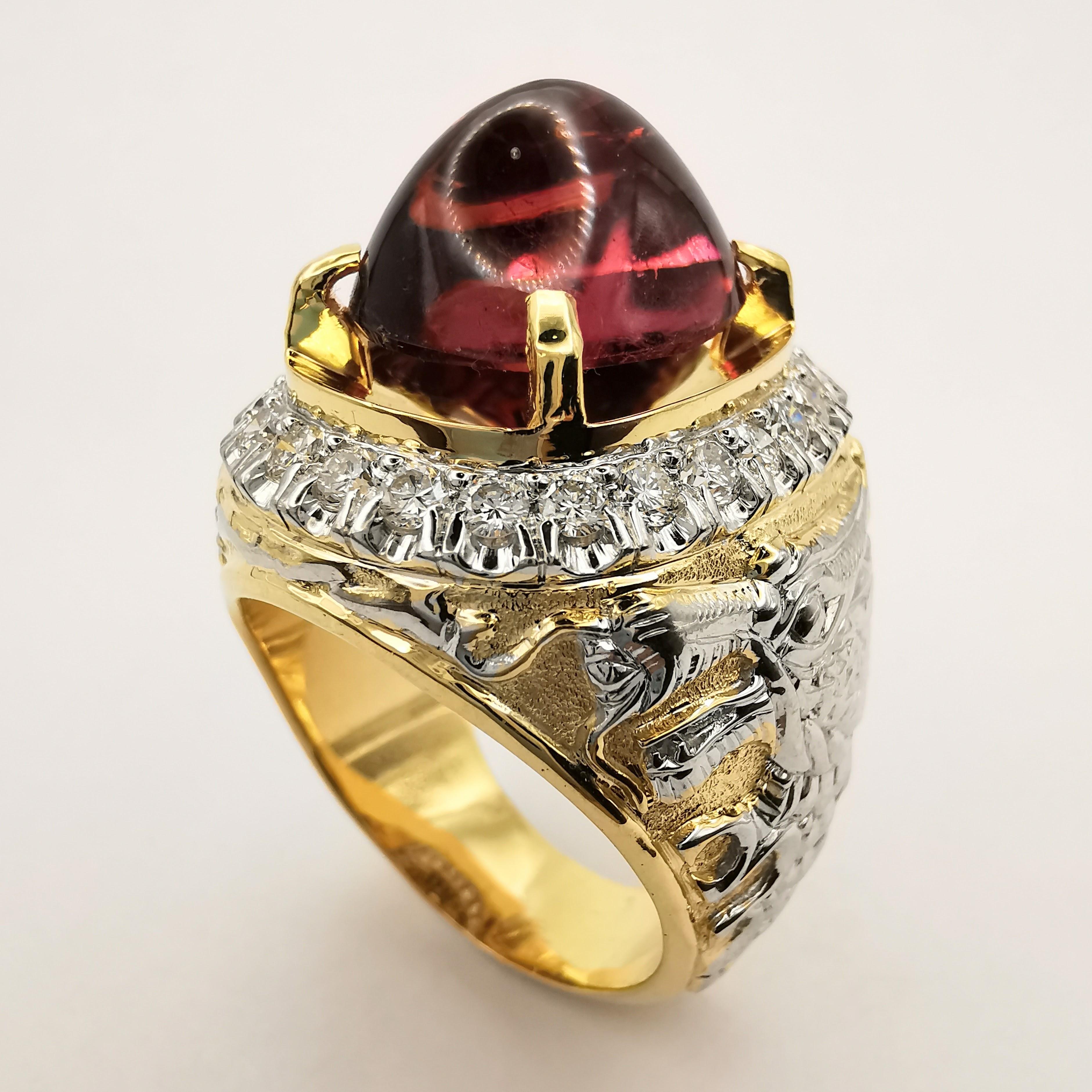 Vintage Dragon 10.2ct Cabochon Pink Tourmaline Diamond Men's Ring in 18K Gold For Sale 1