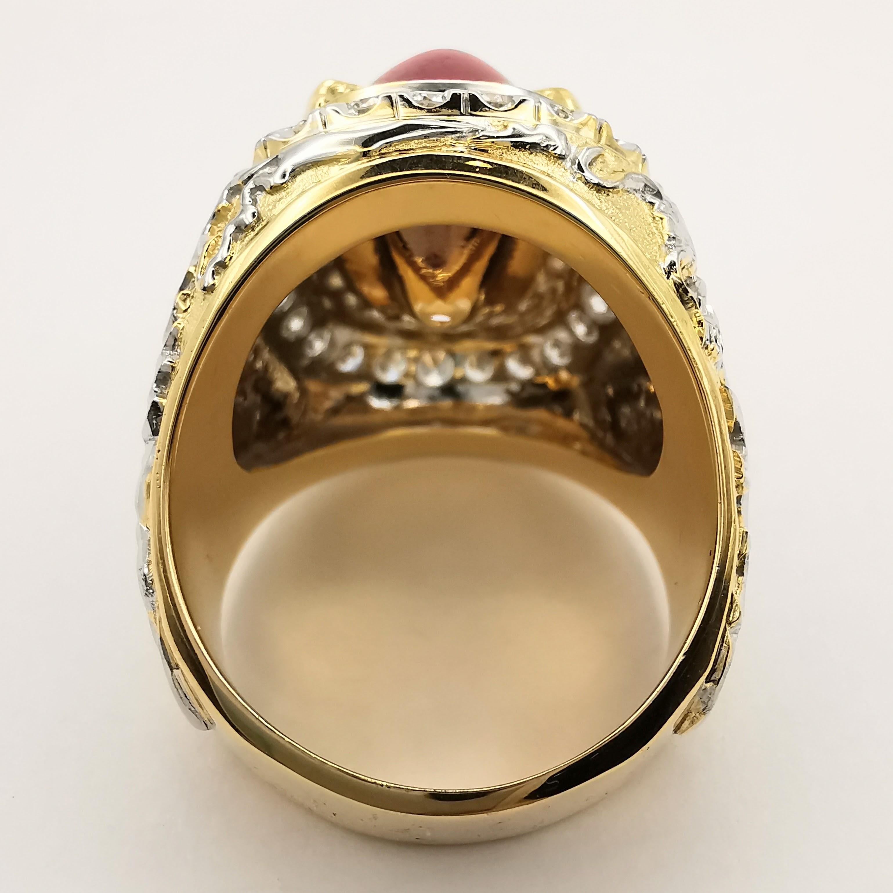 Vintage Dragon 10.2ct Cabochon Pink Tourmaline Diamond Men's Ring in 18K Gold For Sale 3