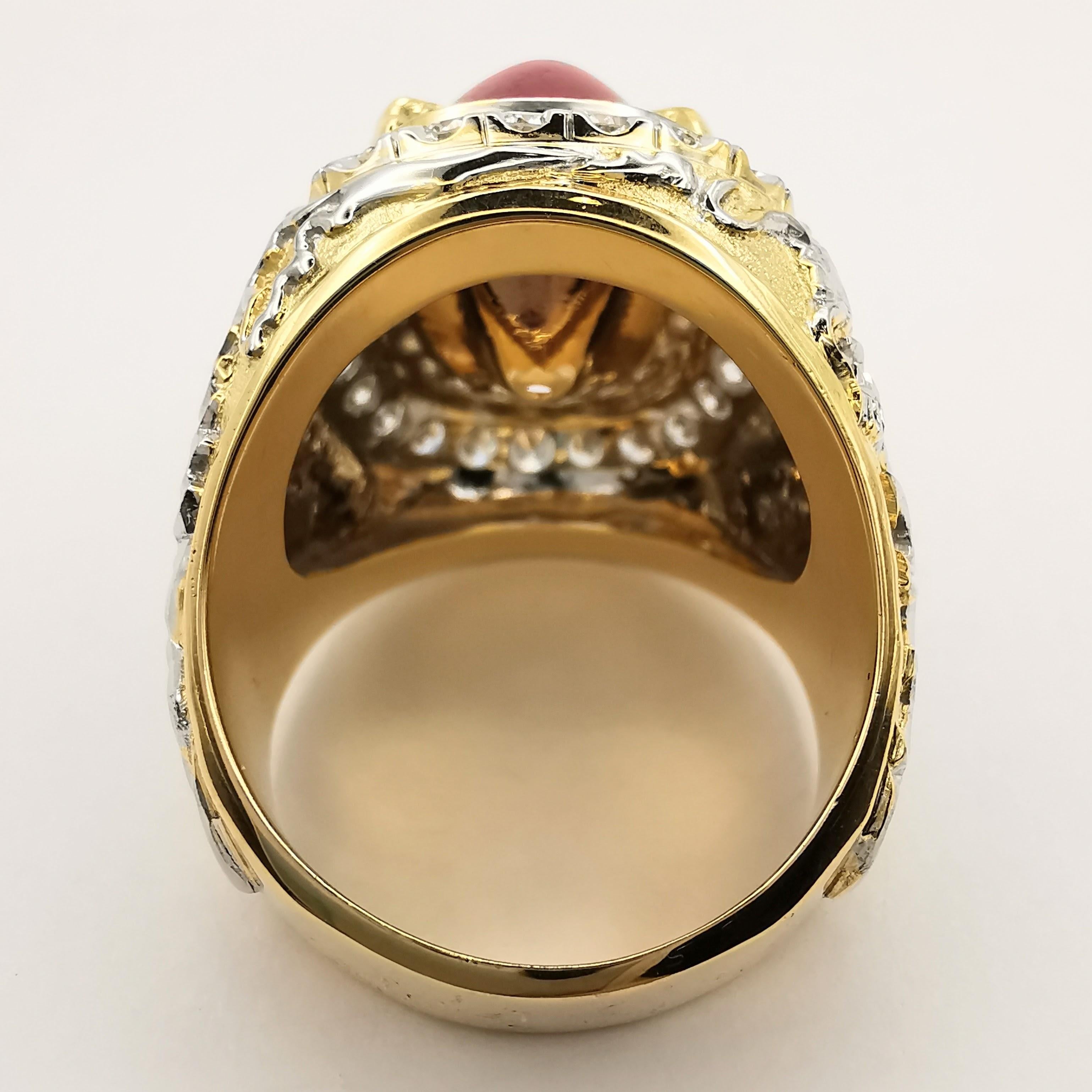 Vintage Dragon 10.2ct Cabochon Pink Tourmaline Diamond Men's Ring in 18K Gold For Sale 4