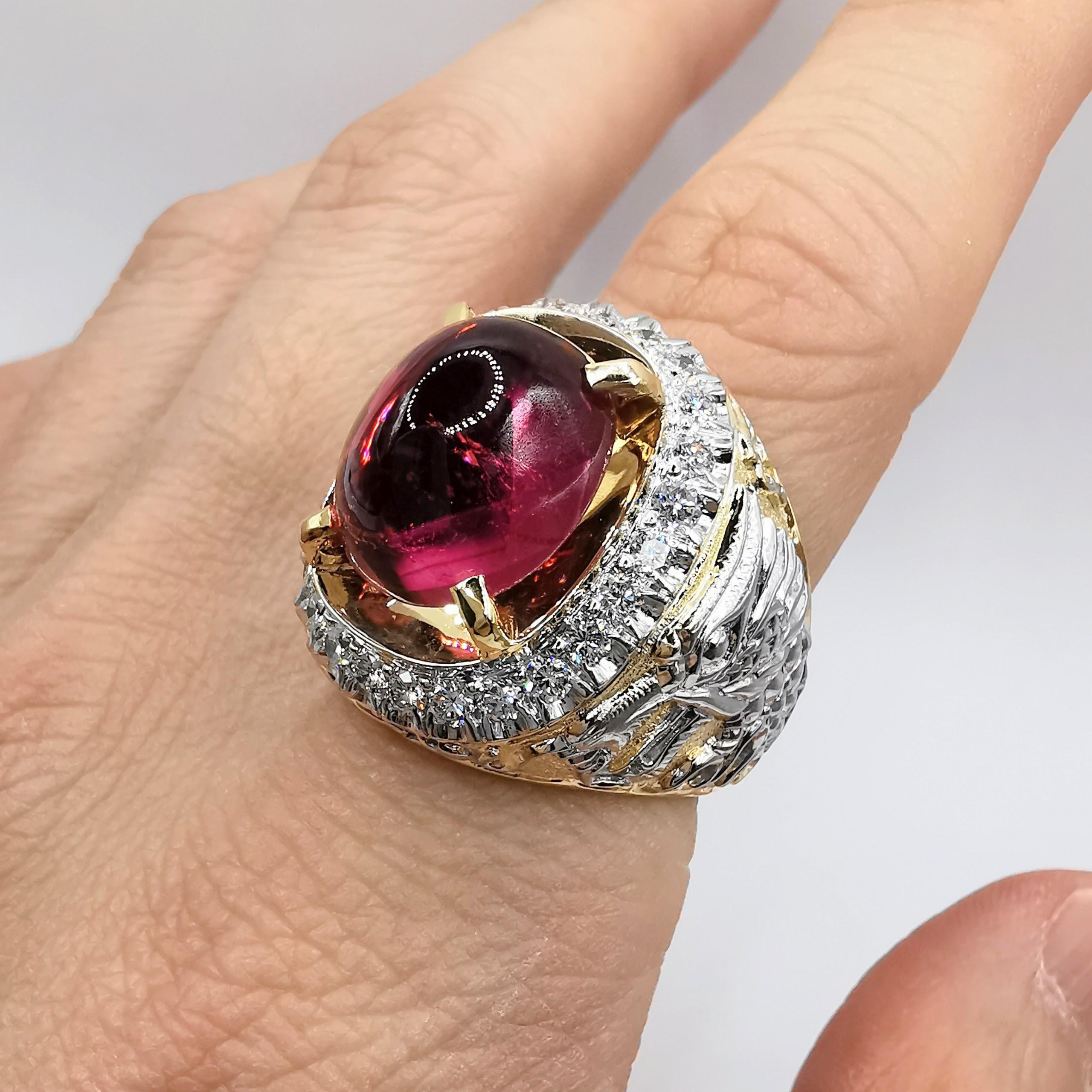 Bague pour homme en or 18 carats Dragon Vintage 10.2ct Cabochon Tourmaline Rose Diamant en vente 4