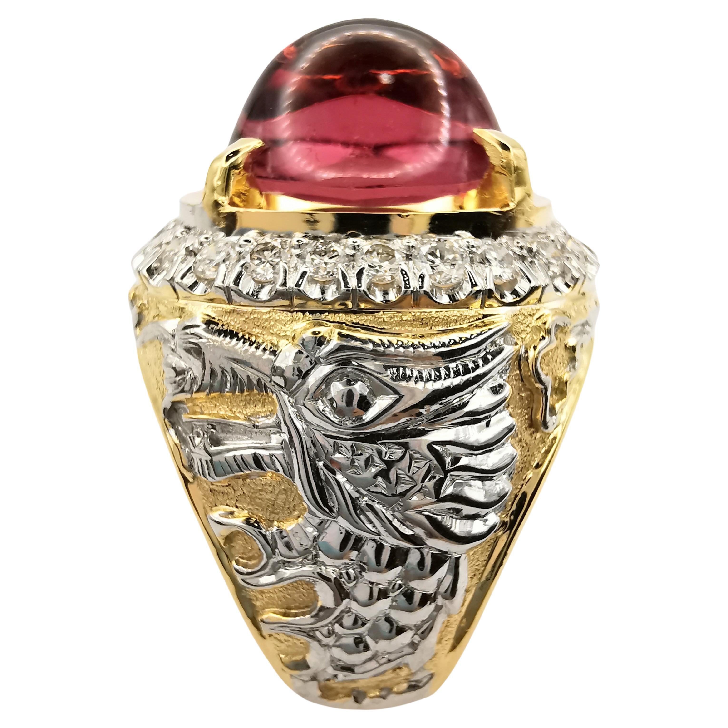 Vintage Dragon 10.2ct Cabochon Pink Tourmaline Diamond Men's Ring in 18K Gold For Sale