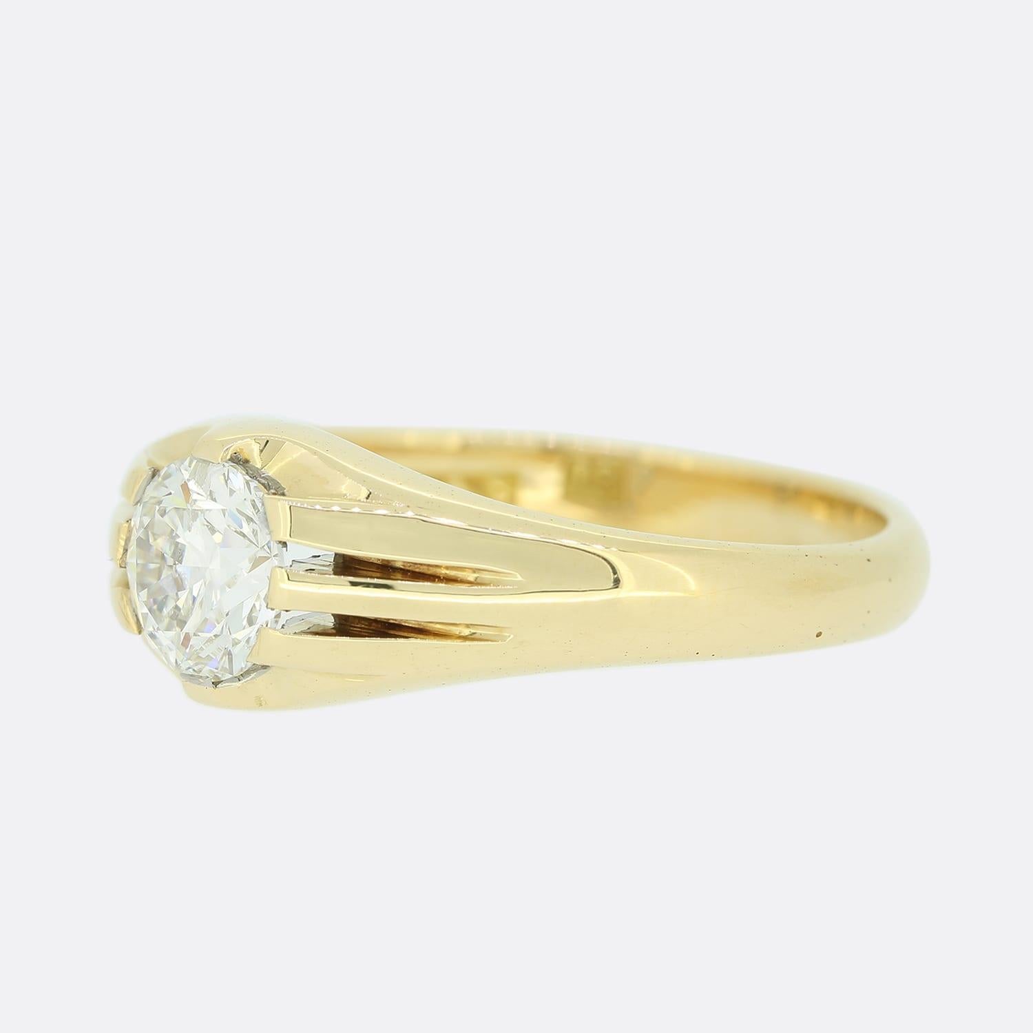 This is a vintage 18ct yellow gold diamond gypsy ring. The central diamond is a 1.03 carat round brilliant cut and sits it a clawed mount. 

Condition: Used (Very Good)
Weight: 6.4 grams
Size: U (62)
Band Width: 3mm - 8.25mm
Diamond Carat Weight: