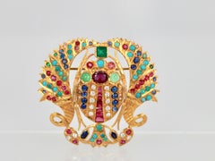 1960s  Multi Gem 18 Karat Yellow Gold Scarab Brooch Necklace