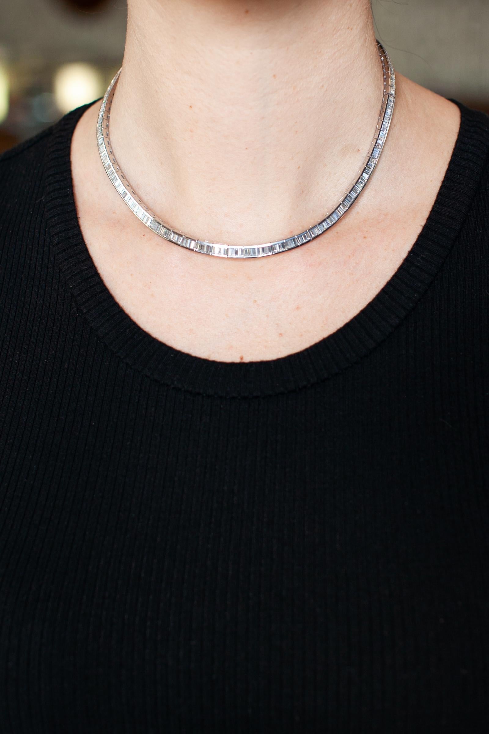 Modern Vintage 10.38 Carat Baguette Cut Diamond & Platinum Collar Necklace