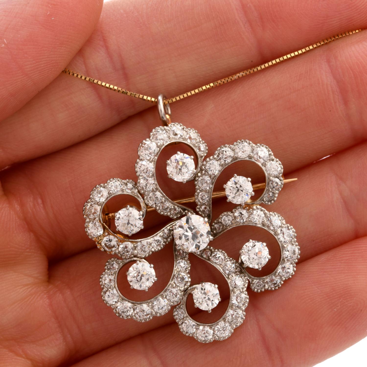 This eye catching Pendant/Brooch was inspired in a Floral motif

and crafted in 18K Gold and Platinum. Larger Diamonds are featured in the centermost area and in the middle of each of the floral

petals.  All Diamonds European and  weigh