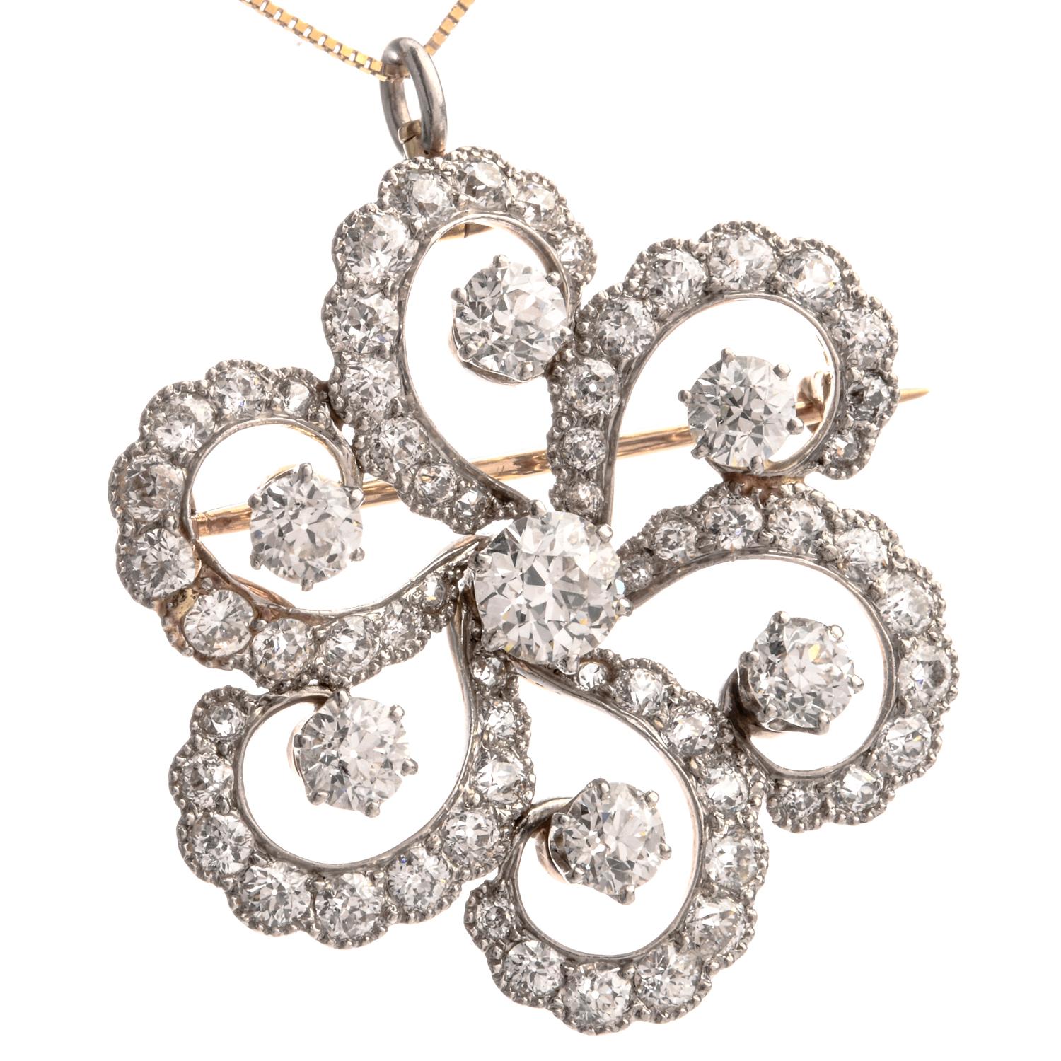 Women's or Men's Vintage 1040s Floral Motif Diamond 18 Karat Platinum Pendant Brooch