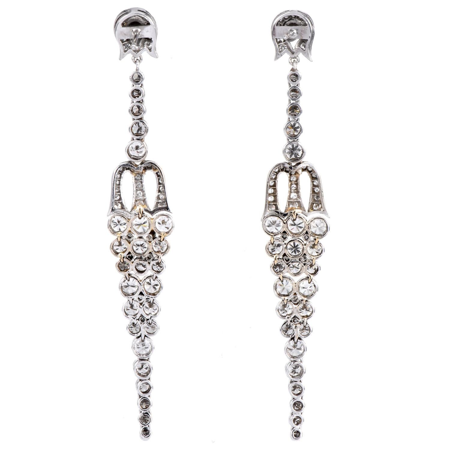 Art Deco Vintage 10.48 cttw Diamond Platinum Cascading Drop Earrings For Sale